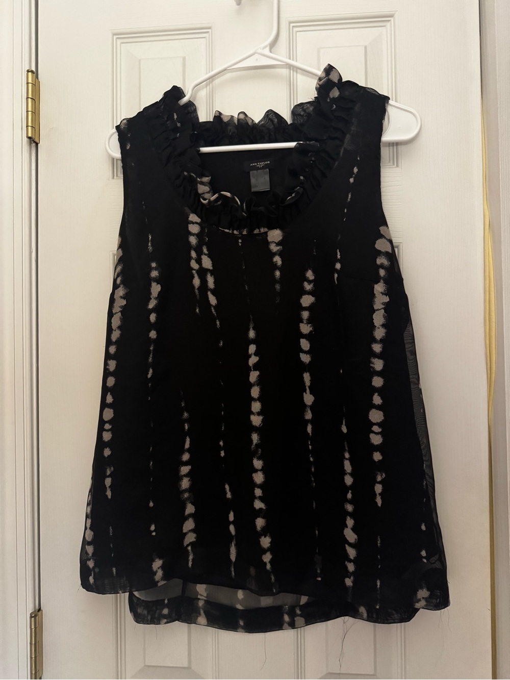 Ann Taylor Sleeveless Ruffle Neck Tie-Dye Tank Top - Black